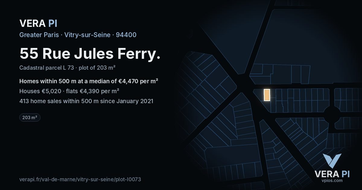 55 Rue Jules Ferry, Vitry-sur-Seine at night – the plot lit, the parcels around coloured by the prices near them