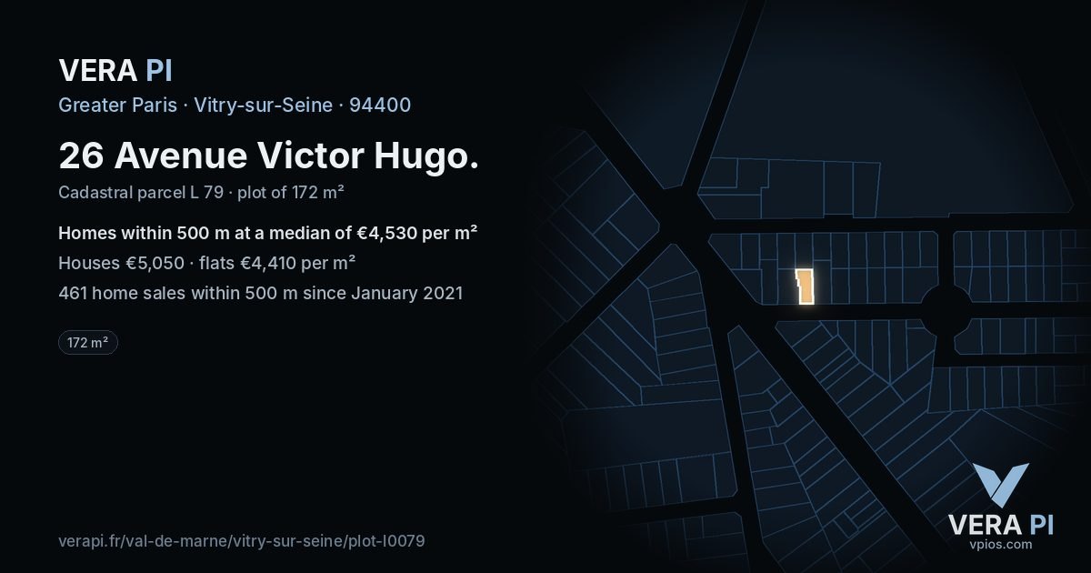 26 Avenue Victor Hugo, Vitry-sur-Seine at night – the plot lit, the parcels around coloured by the prices near them