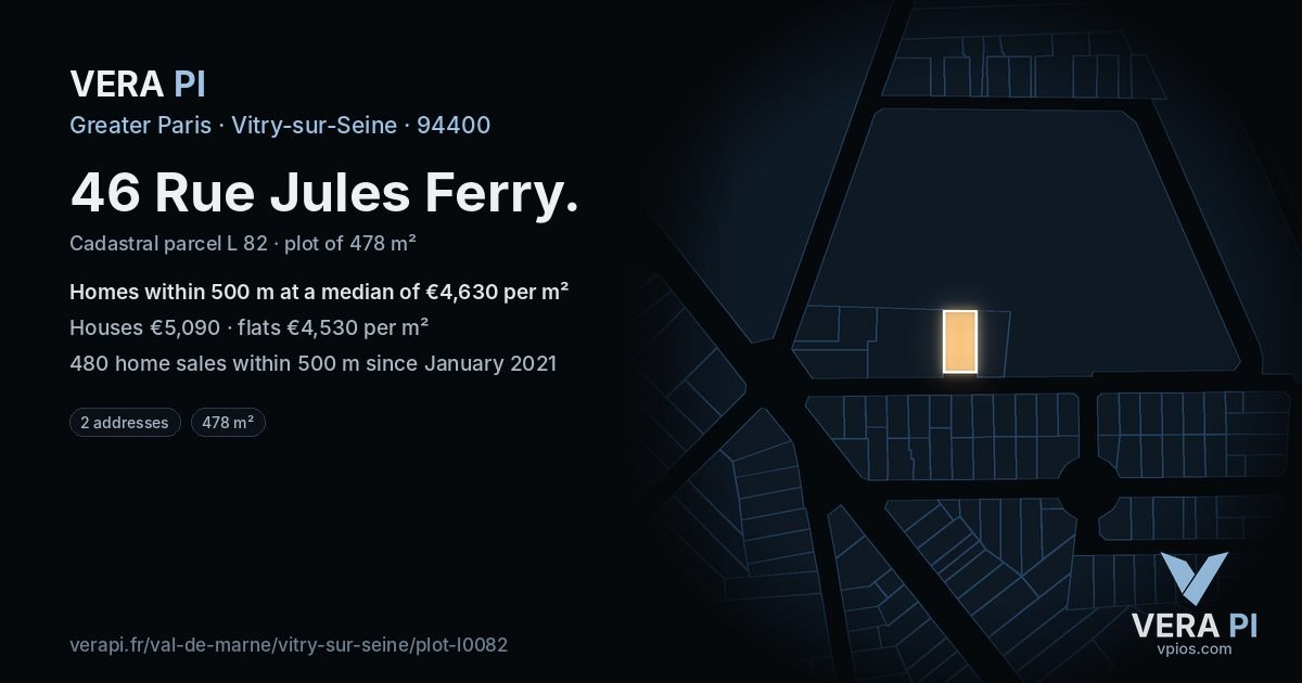 46 Rue Jules Ferry, Vitry-sur-Seine at night – the plot lit, the parcels around coloured by the prices near them