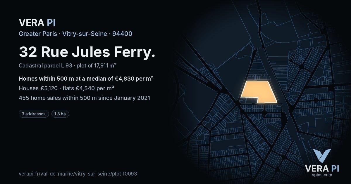 32 Rue Jules Ferry, Vitry-sur-Seine at night – the plot lit, the parcels around coloured by the prices near them