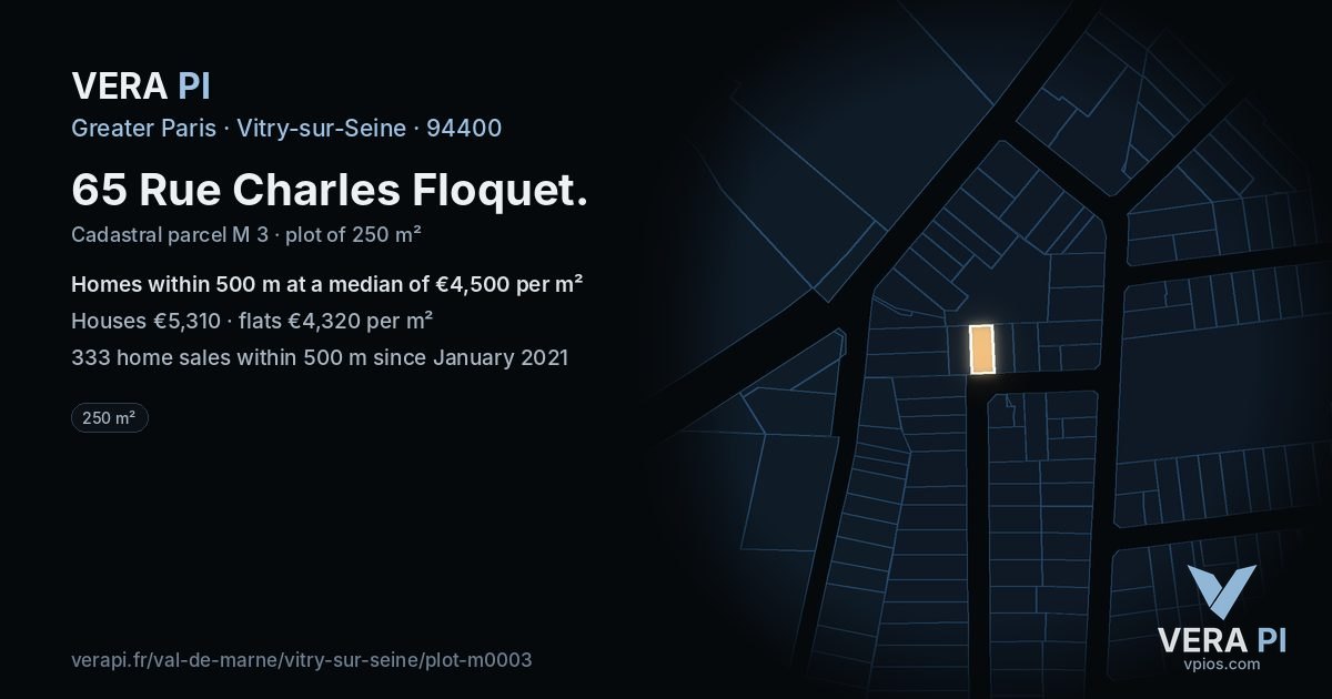 65 Rue Charles Floquet, Vitry-sur-Seine at night – the plot lit, the parcels around coloured by the prices near them