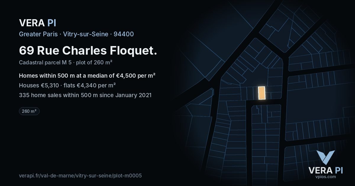 69 Rue Charles Floquet, Vitry-sur-Seine at night – the plot lit, the parcels around coloured by the prices near them