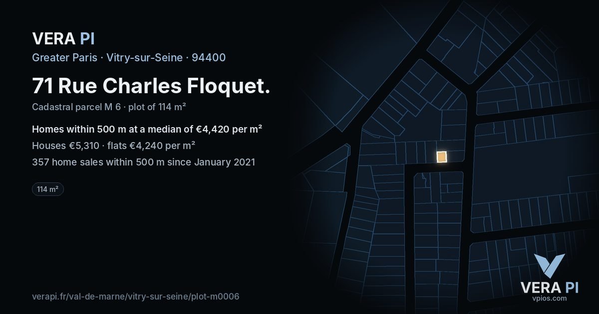 71 Rue Charles Floquet, Vitry-sur-Seine at night – the plot lit, the parcels around coloured by the prices near them