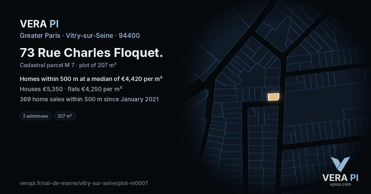 73 Rue Charles Floquet, Vitry-sur-Seine at night – the plot lit, the parcels around coloured by the prices near them