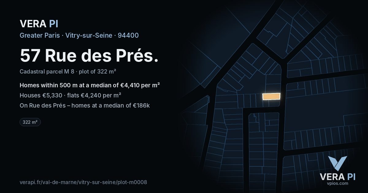 57 Rue des Prés, Vitry-sur-Seine at night – the plot lit, the parcels around coloured by the prices near them