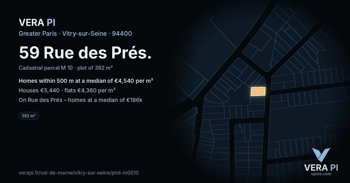 59 Rue des Prés, Vitry-sur-Seine at night – the plot lit, the parcels around coloured by the prices near them