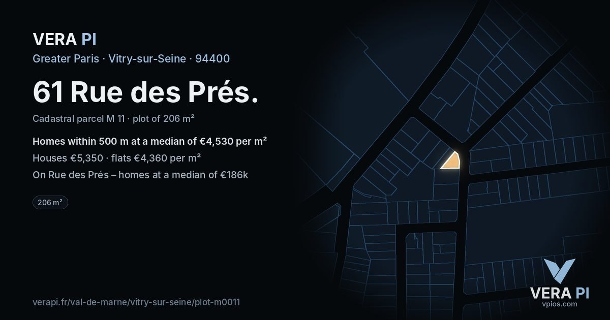 61 Rue des Prés, Vitry-sur-Seine at night – the plot lit, the parcels around coloured by the prices near them