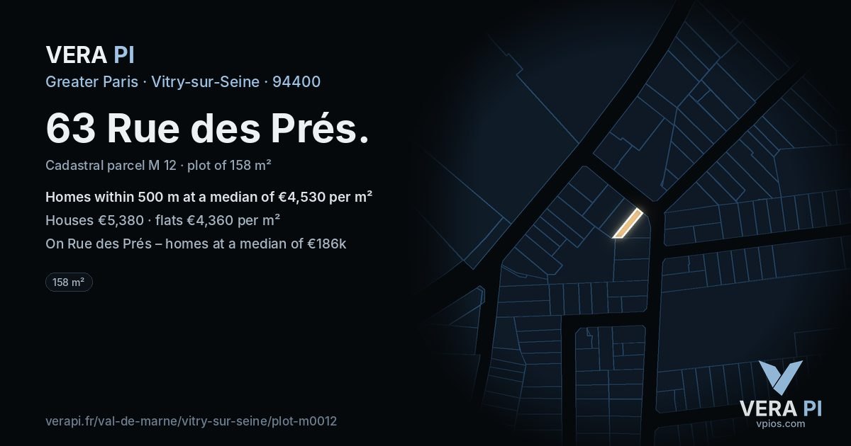 63 Rue des Prés, Vitry-sur-Seine at night – the plot lit, the parcels around coloured by the prices near them