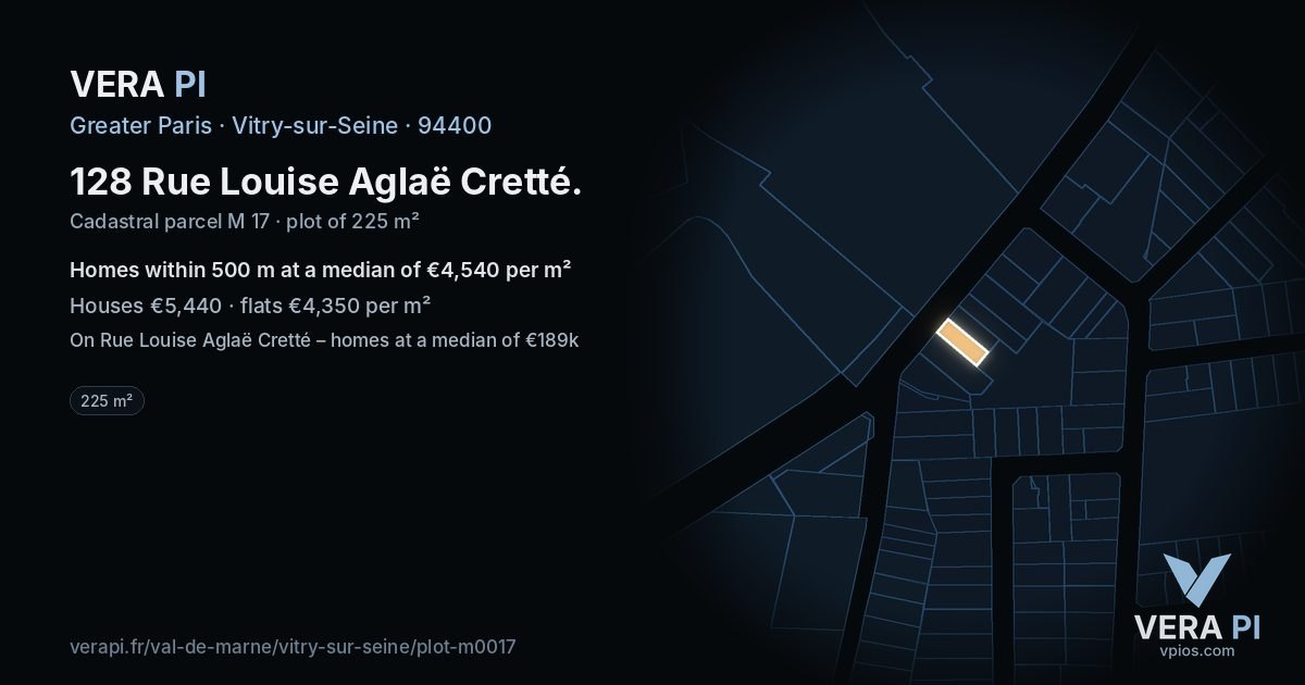 128 Rue Louise Aglaë Cretté, Vitry-sur-Seine at night – the plot lit, the parcels around coloured by the prices near them