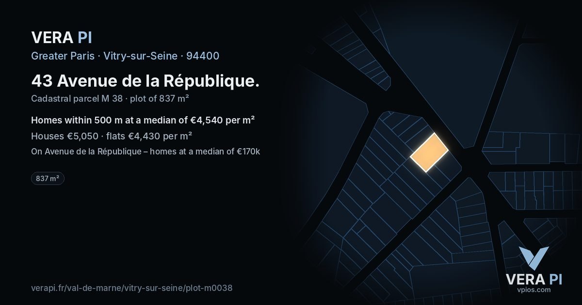 43 Avenue de la République, Vitry-sur-Seine at night – the plot lit, the parcels around coloured by the prices near them