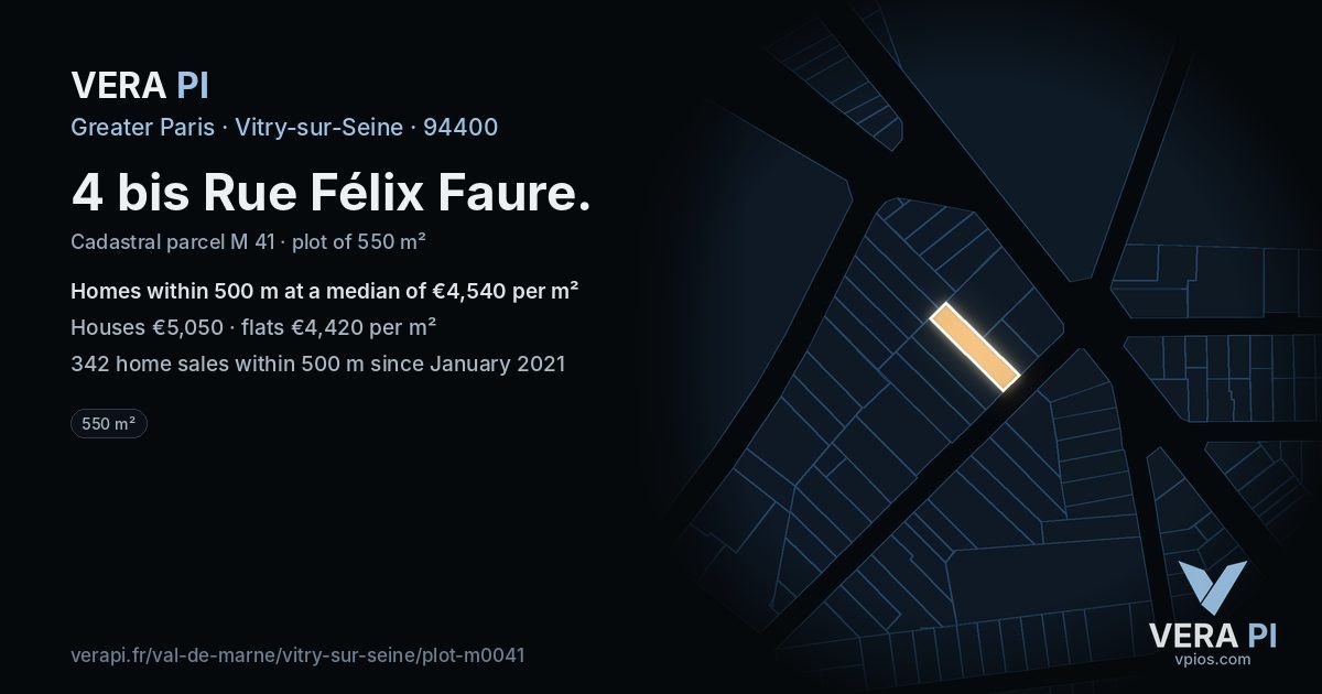 4 bis Rue Félix Faure, Vitry-sur-Seine at night – the plot lit, the parcels around coloured by the prices near them