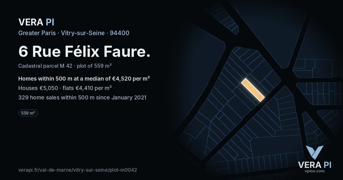6 Rue Félix Faure, Vitry-sur-Seine at night – the plot lit, the parcels around coloured by the prices near them