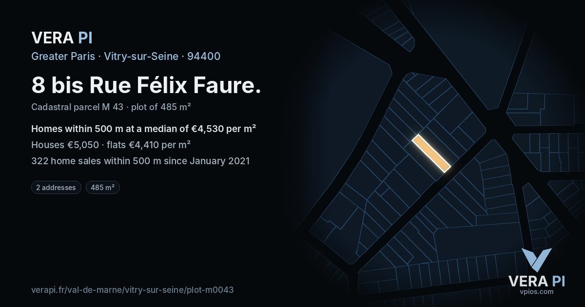 8 bis Rue Félix Faure, Vitry-sur-Seine at night – the plot lit, the parcels around coloured by the prices near them