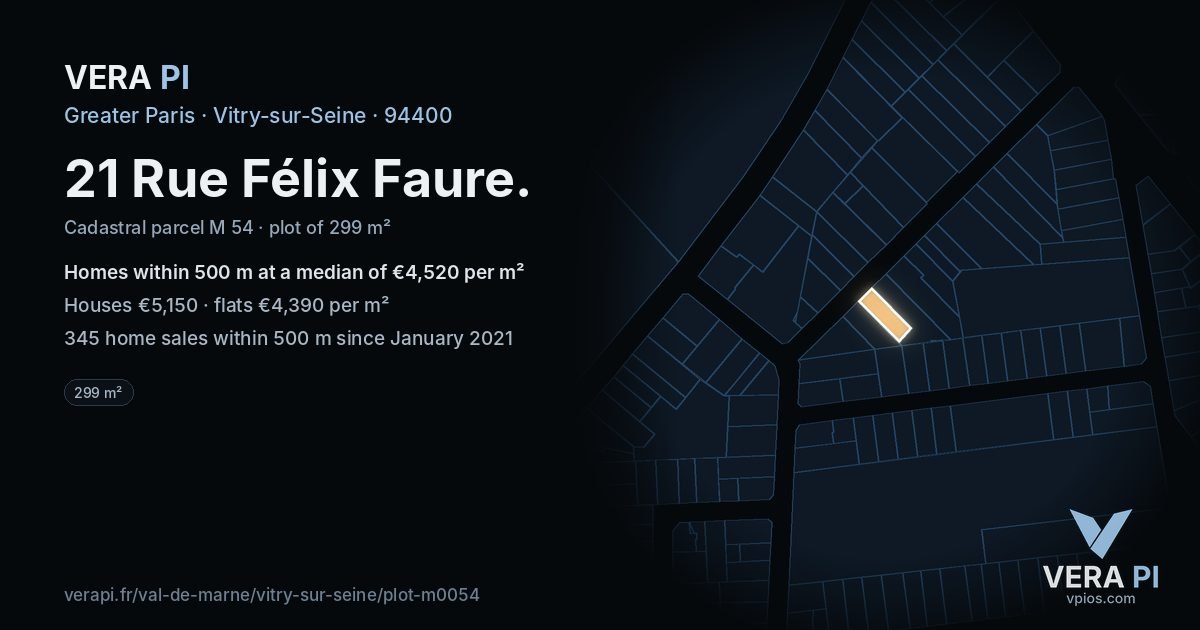 21 Rue Félix Faure, Vitry-sur-Seine at night – the plot lit, the parcels around coloured by the prices near them