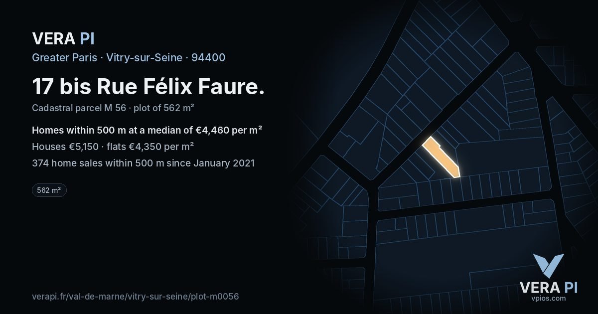 17 bis Rue Félix Faure, Vitry-sur-Seine at night – the plot lit, the parcels around coloured by the prices near them