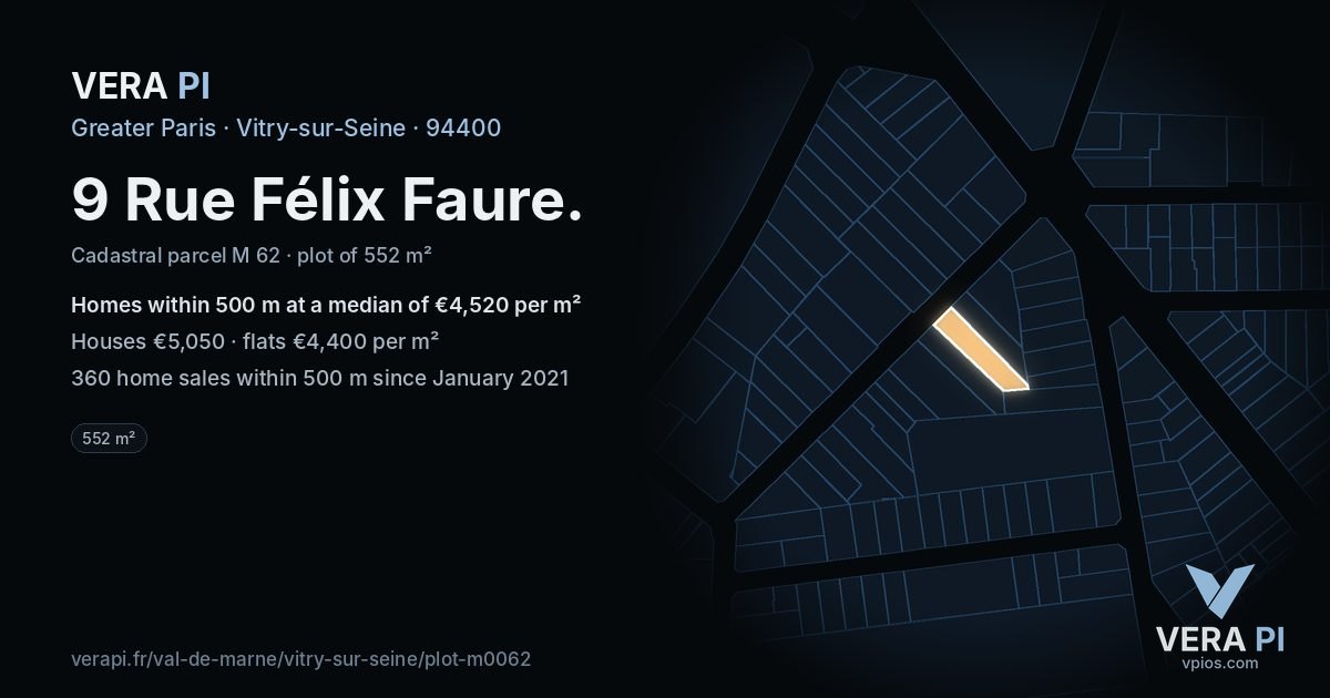 9 Rue Félix Faure, Vitry-sur-Seine at night – the plot lit, the parcels around coloured by the prices near them