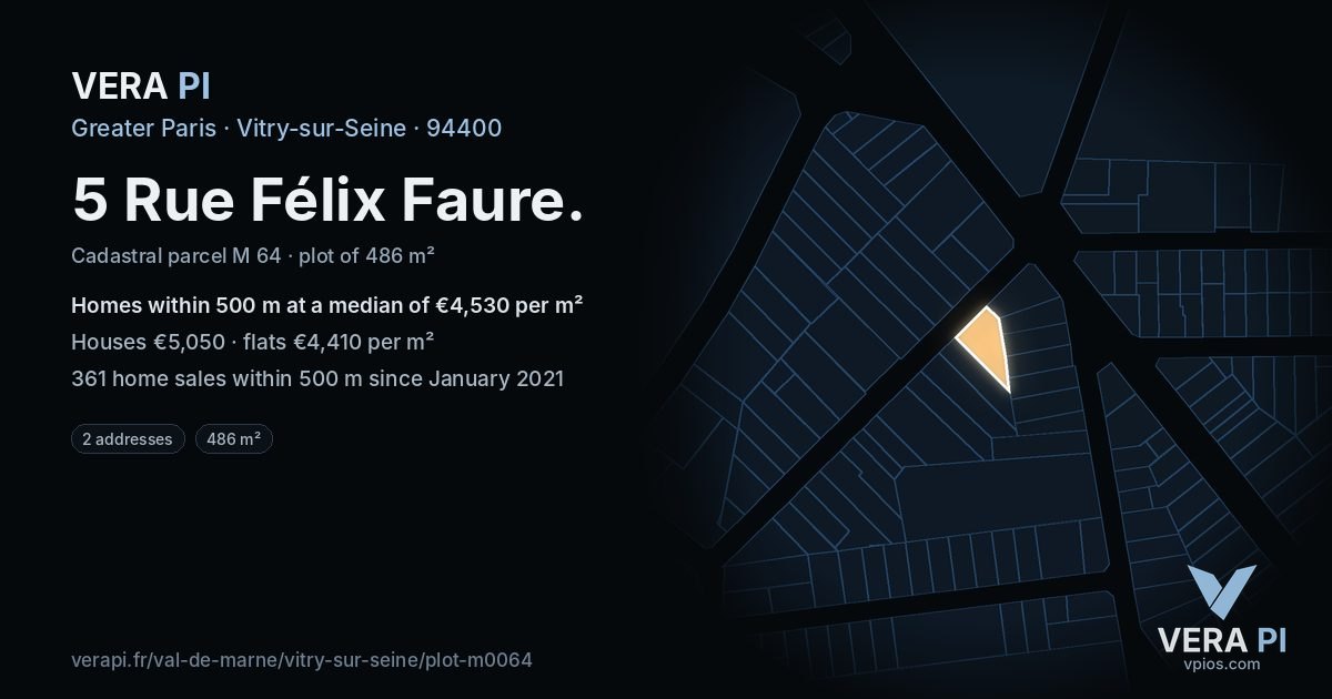 5 Rue Félix Faure, Vitry-sur-Seine at night – the plot lit, the parcels around coloured by the prices near them
