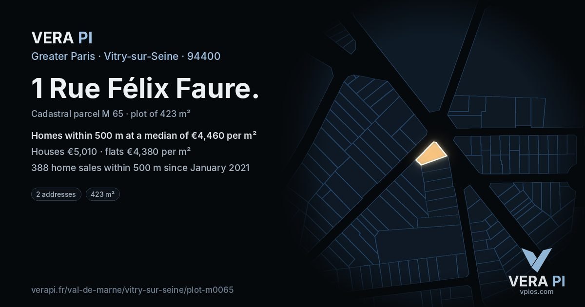 1 Rue Félix Faure, Vitry-sur-Seine at night – the plot lit, the parcels around coloured by the prices near them