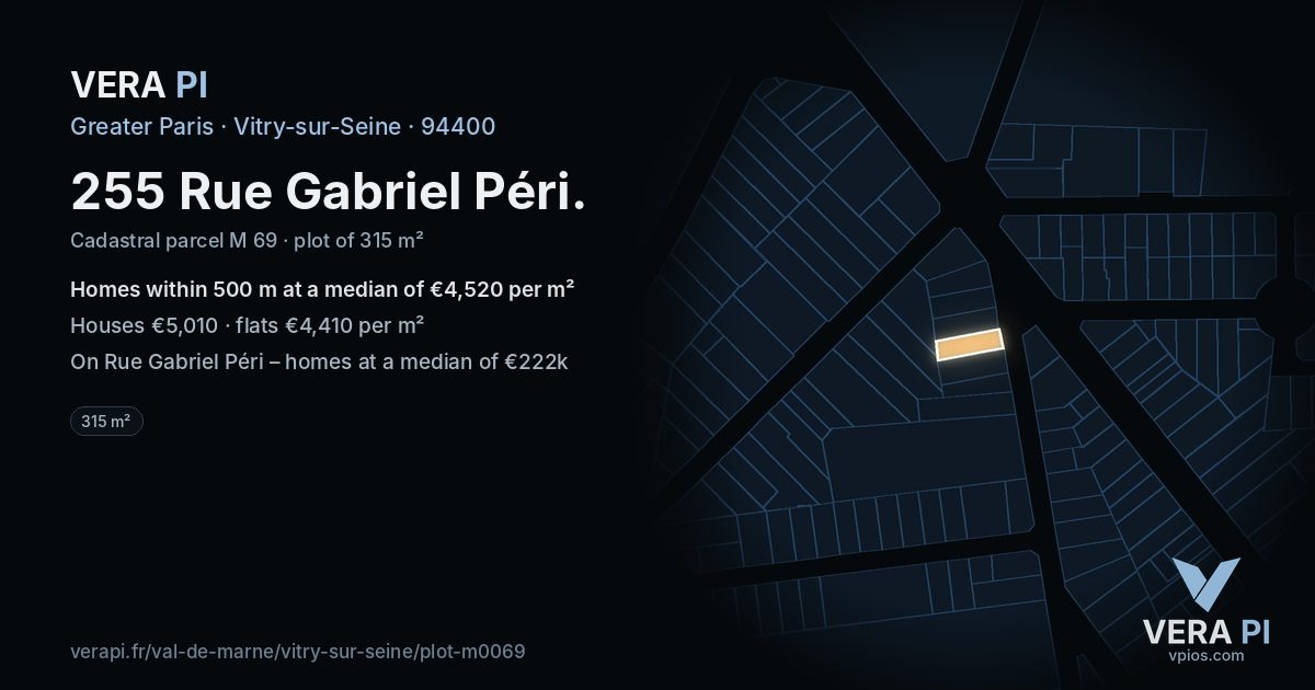 255 Rue Gabriel Péri, Vitry-sur-Seine at night – the plot lit, the parcels around coloured by the prices near them