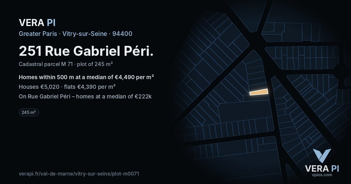 251 Rue Gabriel Péri, Vitry-sur-Seine at night – the plot lit, the parcels around coloured by the prices near them