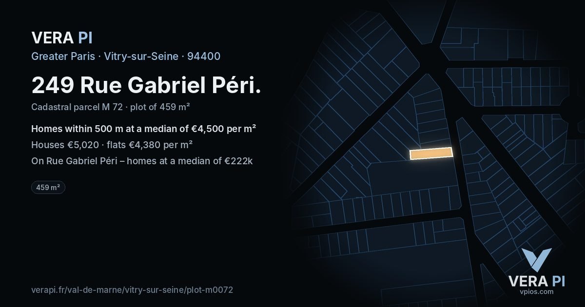 249 Rue Gabriel Péri, Vitry-sur-Seine at night – the plot lit, the parcels around coloured by the prices near them