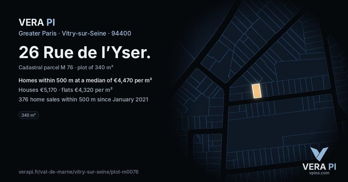 26 Rue de l’Yser, Vitry-sur-Seine at night – the plot lit, the parcels around coloured by the prices near them