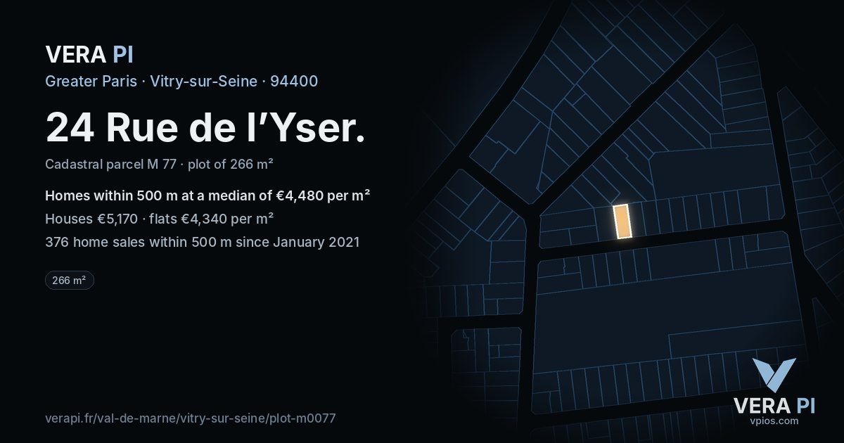 24 Rue de l’Yser, Vitry-sur-Seine at night – the plot lit, the parcels around coloured by the prices near them