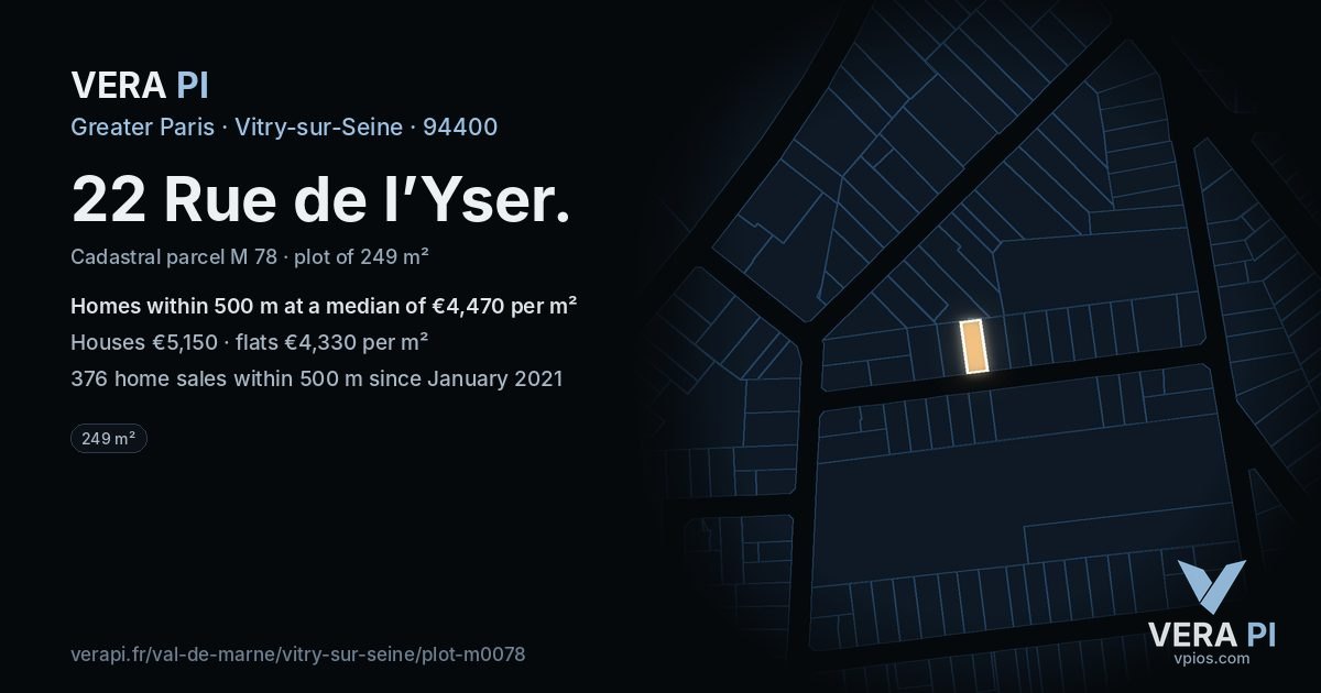 22 Rue de l’Yser, Vitry-sur-Seine at night – the plot lit, the parcels around coloured by the prices near them
