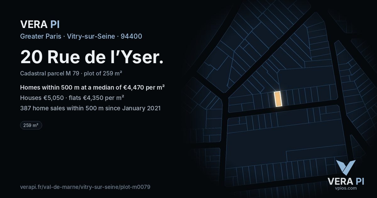 20 Rue de l’Yser, Vitry-sur-Seine at night – the plot lit, the parcels around coloured by the prices near them