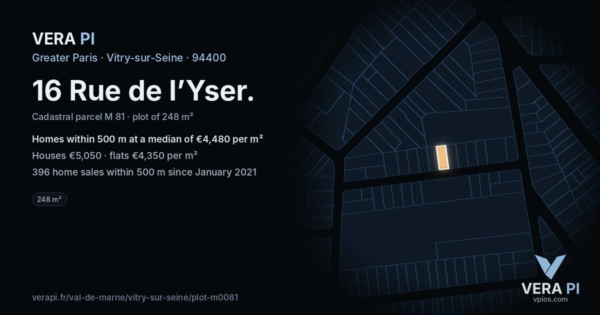 16 Rue de l’Yser, Vitry-sur-Seine at night – the plot lit, the parcels around coloured by the prices near them