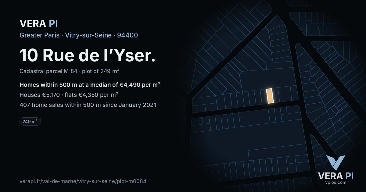 10 Rue de l’Yser, Vitry-sur-Seine at night – the plot lit, the parcels around coloured by the prices near them