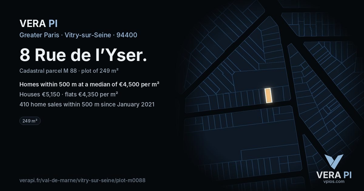 8 Rue de l’Yser, Vitry-sur-Seine at night – the plot lit, the parcels around coloured by the prices near them