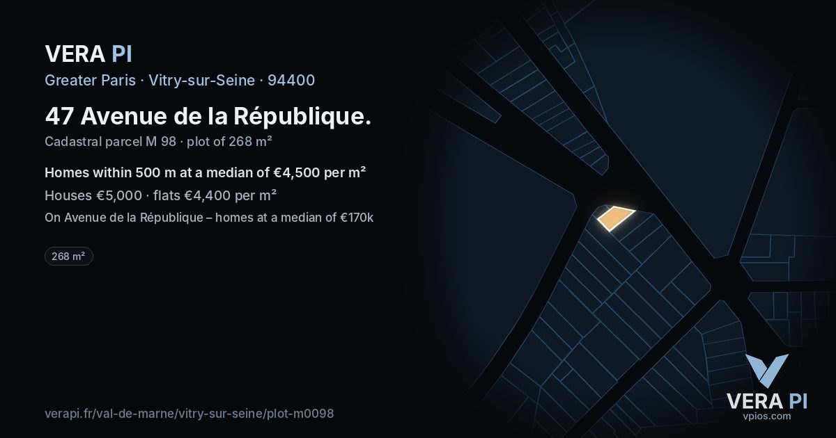 47 Avenue de la République, Vitry-sur-Seine at night – the plot lit, the parcels around coloured by the prices near them