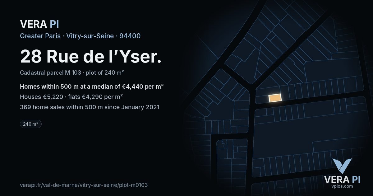 28 Rue de l’Yser, Vitry-sur-Seine at night – the plot lit, the parcels around coloured by the prices near them
