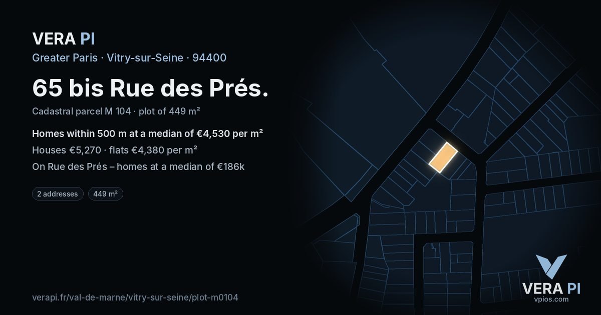 65 bis Rue des Prés, Vitry-sur-Seine at night – the plot lit, the parcels around coloured by the prices near them