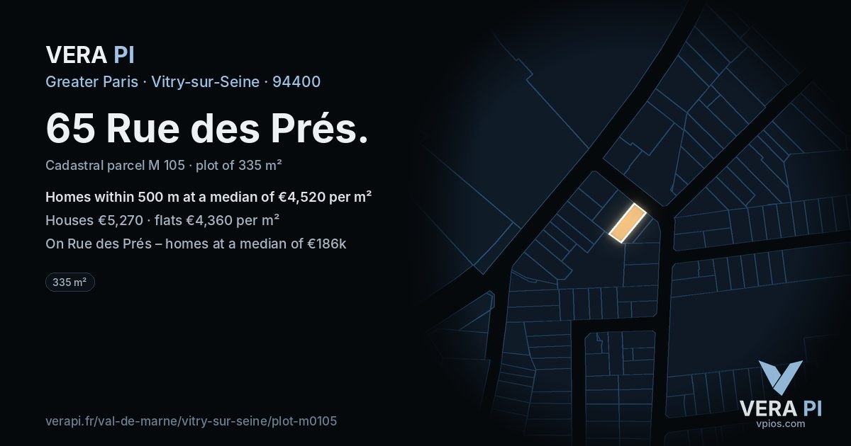 65 Rue des Prés, Vitry-sur-Seine at night – the plot lit, the parcels around coloured by the prices near them