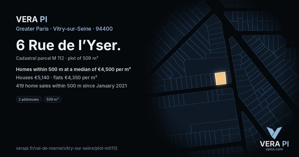 6 Rue de l’Yser, Vitry-sur-Seine at night – the plot lit, the parcels around coloured by the prices near them