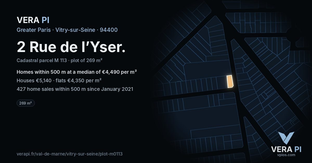 2 Rue de l’Yser, Vitry-sur-Seine at night – the plot lit, the parcels around coloured by the prices near them