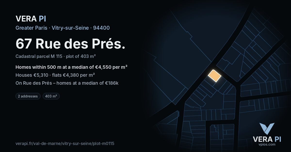 67 Rue des Prés, Vitry-sur-Seine at night – the plot lit, the parcels around coloured by the prices near them