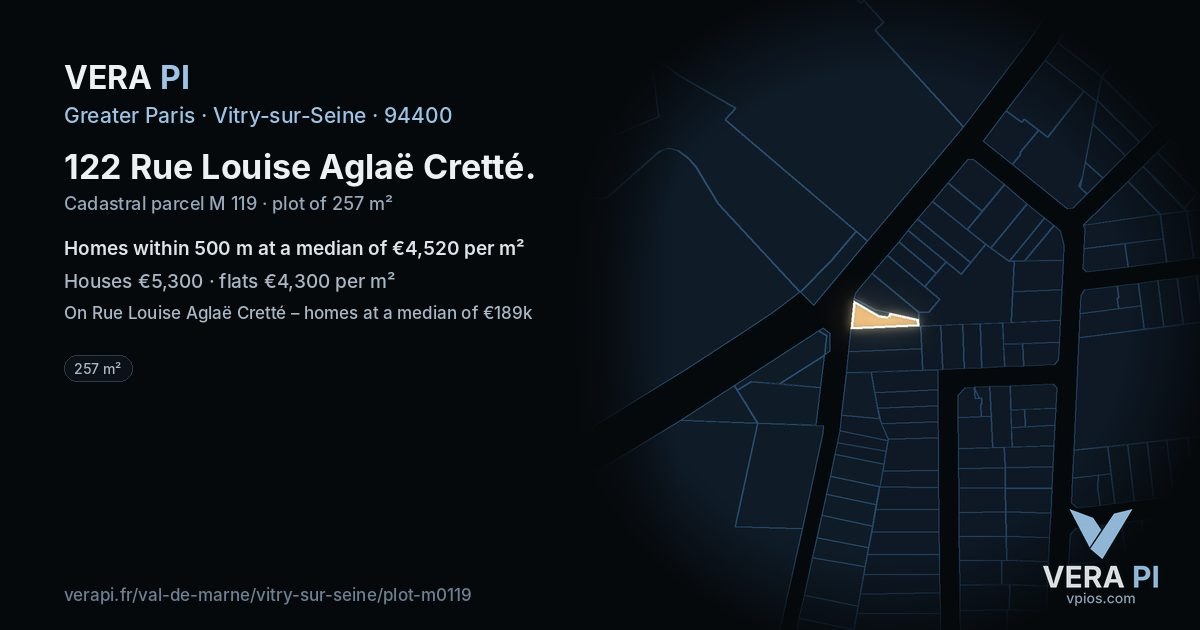 122 Rue Louise Aglaë Cretté, Vitry-sur-Seine at night – the plot lit, the parcels around coloured by the prices near them