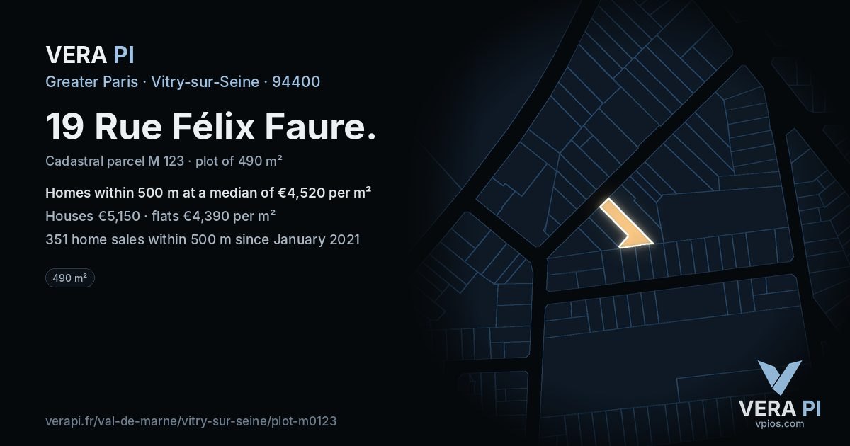 19 Rue Félix Faure, Vitry-sur-Seine at night – the plot lit, the parcels around coloured by the prices near them