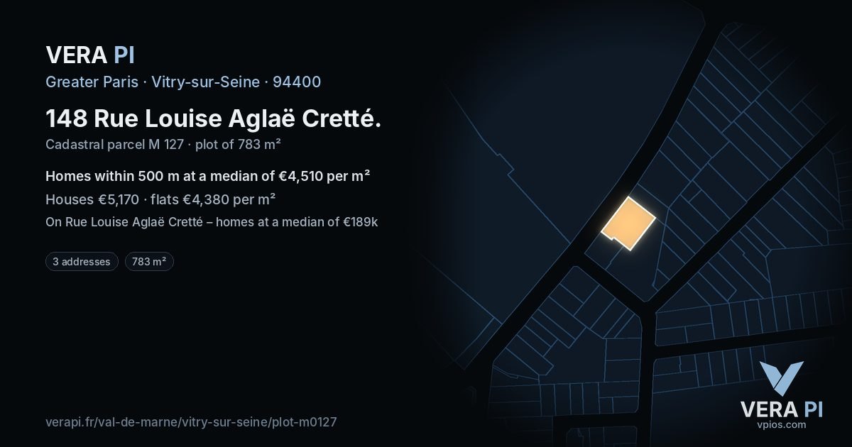 148 Rue Louise Aglaë Cretté, Vitry-sur-Seine at night – the plot lit, the parcels around coloured by the prices near them