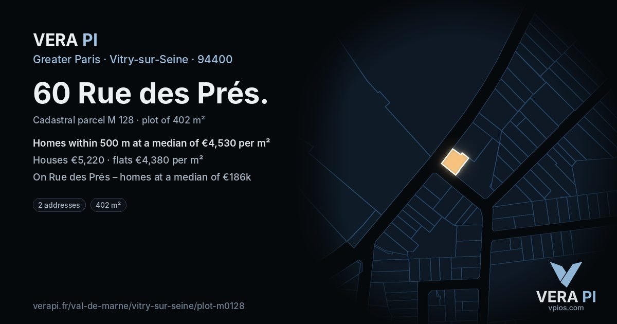 60 Rue des Prés, Vitry-sur-Seine at night – the plot lit, the parcels around coloured by the prices near them