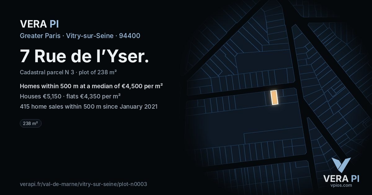 7 Rue de l’Yser, Vitry-sur-Seine at night – the plot lit, the parcels around coloured by the prices near them