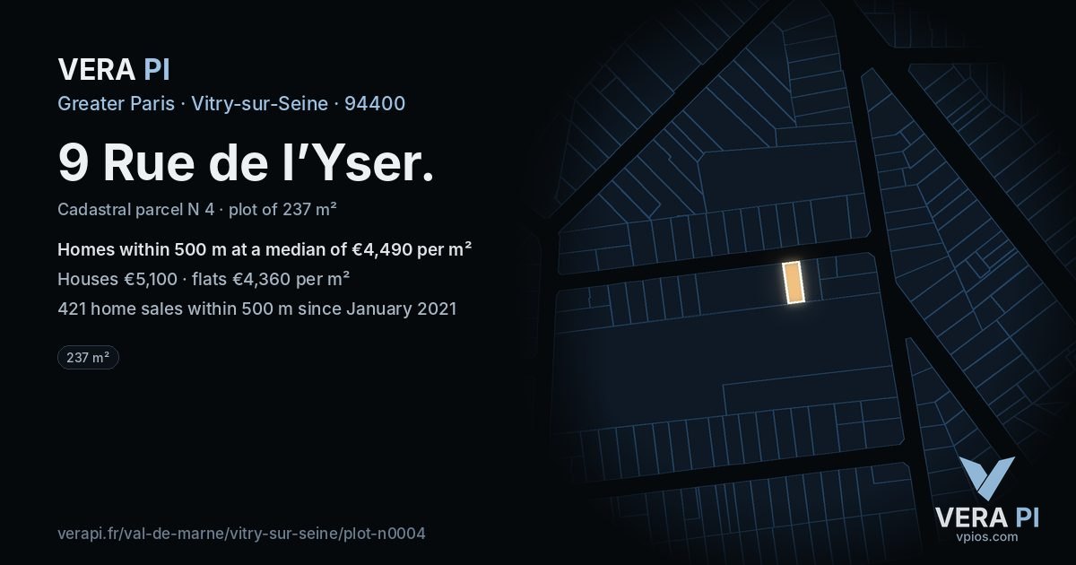 9 Rue de l’Yser, Vitry-sur-Seine at night – the plot lit, the parcels around coloured by the prices near them