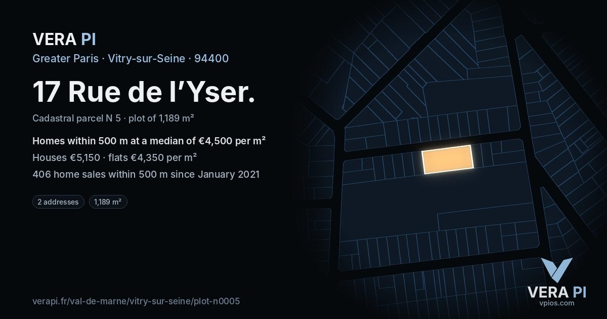 17 Rue de l’Yser, Vitry-sur-Seine at night – the plot lit, the parcels around coloured by the prices near them