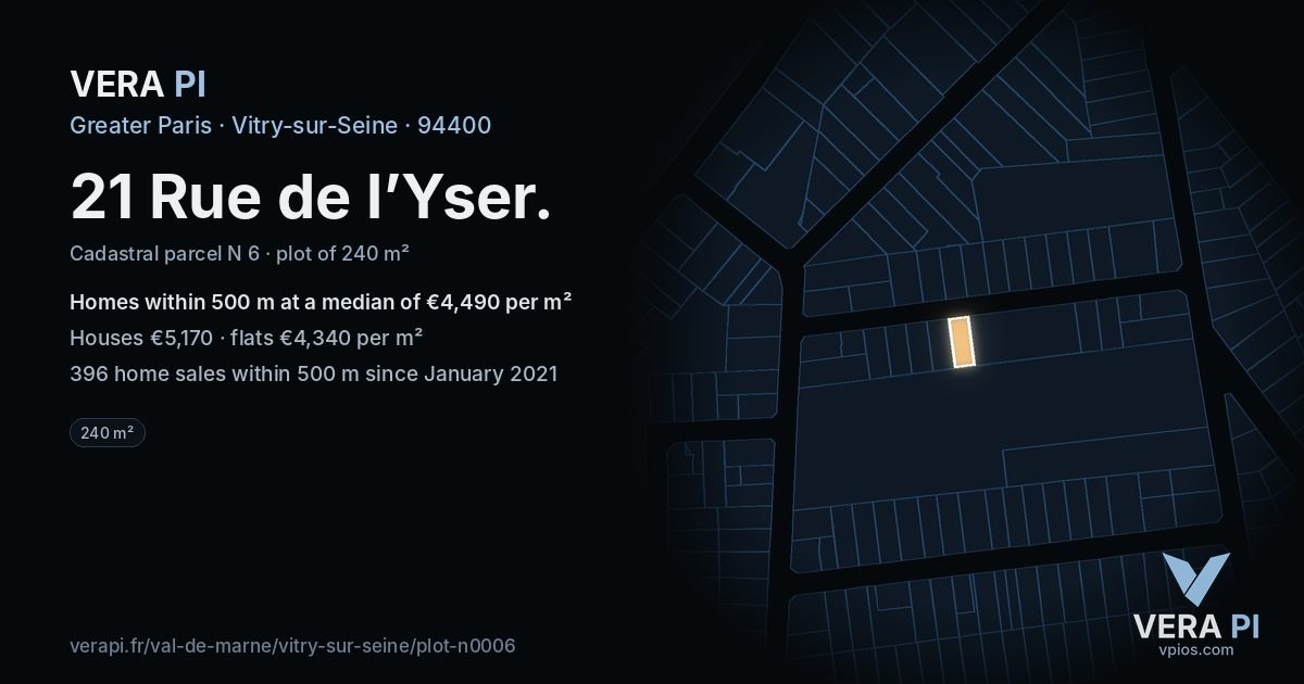 21 Rue de l’Yser, Vitry-sur-Seine at night – the plot lit, the parcels around coloured by the prices near them