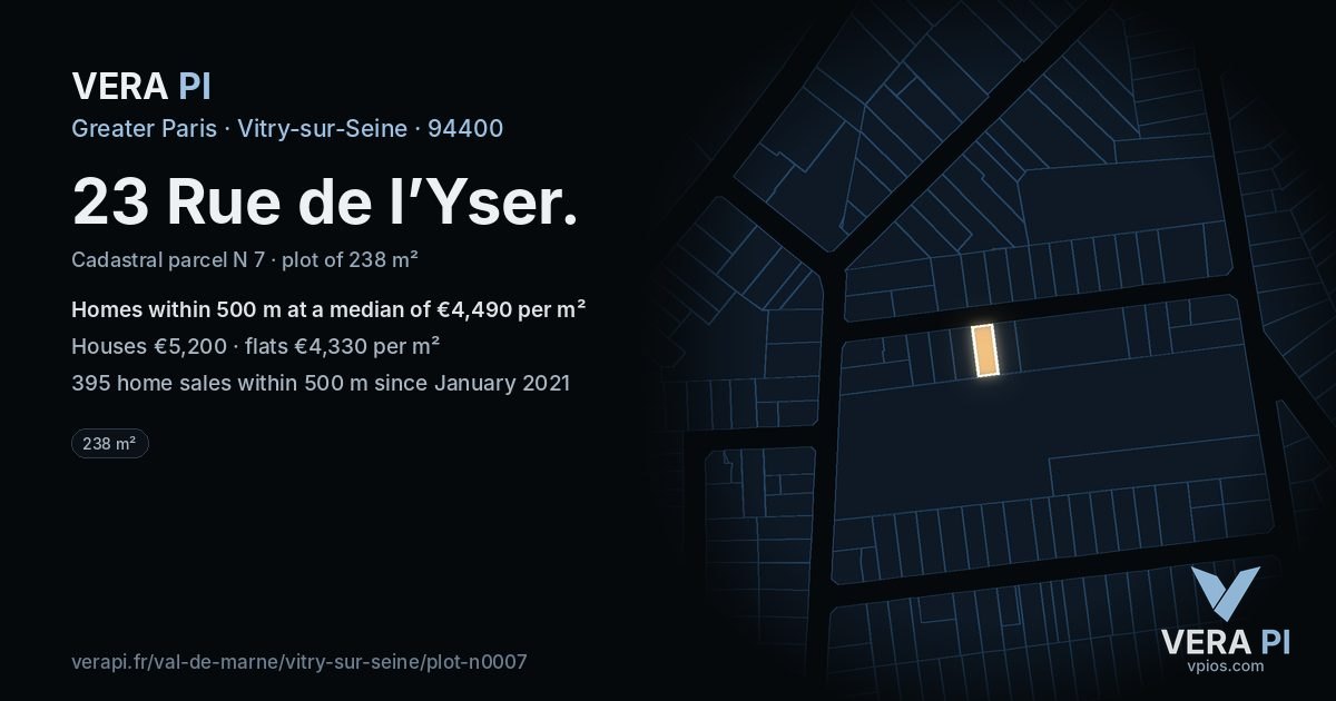 23 Rue de l’Yser, Vitry-sur-Seine at night – the plot lit, the parcels around coloured by the prices near them