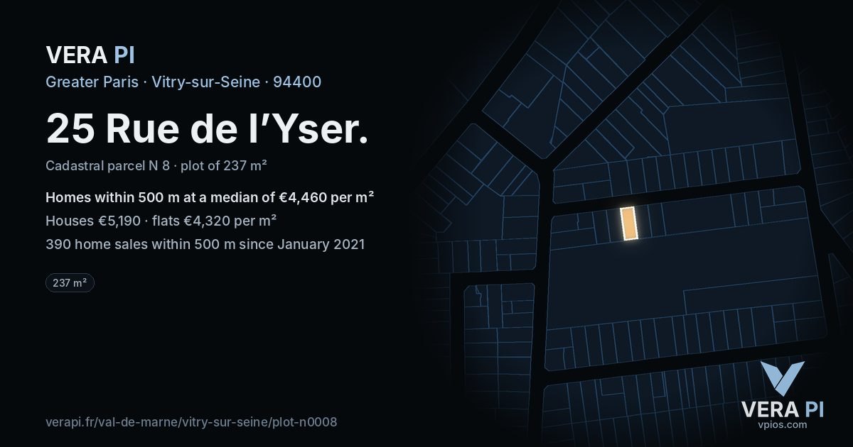 25 Rue de l’Yser, Vitry-sur-Seine at night – the plot lit, the parcels around coloured by the prices near them