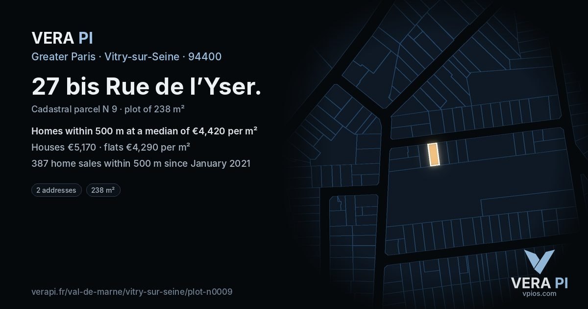 27 bis Rue de l’Yser, Vitry-sur-Seine at night – the plot lit, the parcels around coloured by the prices near them